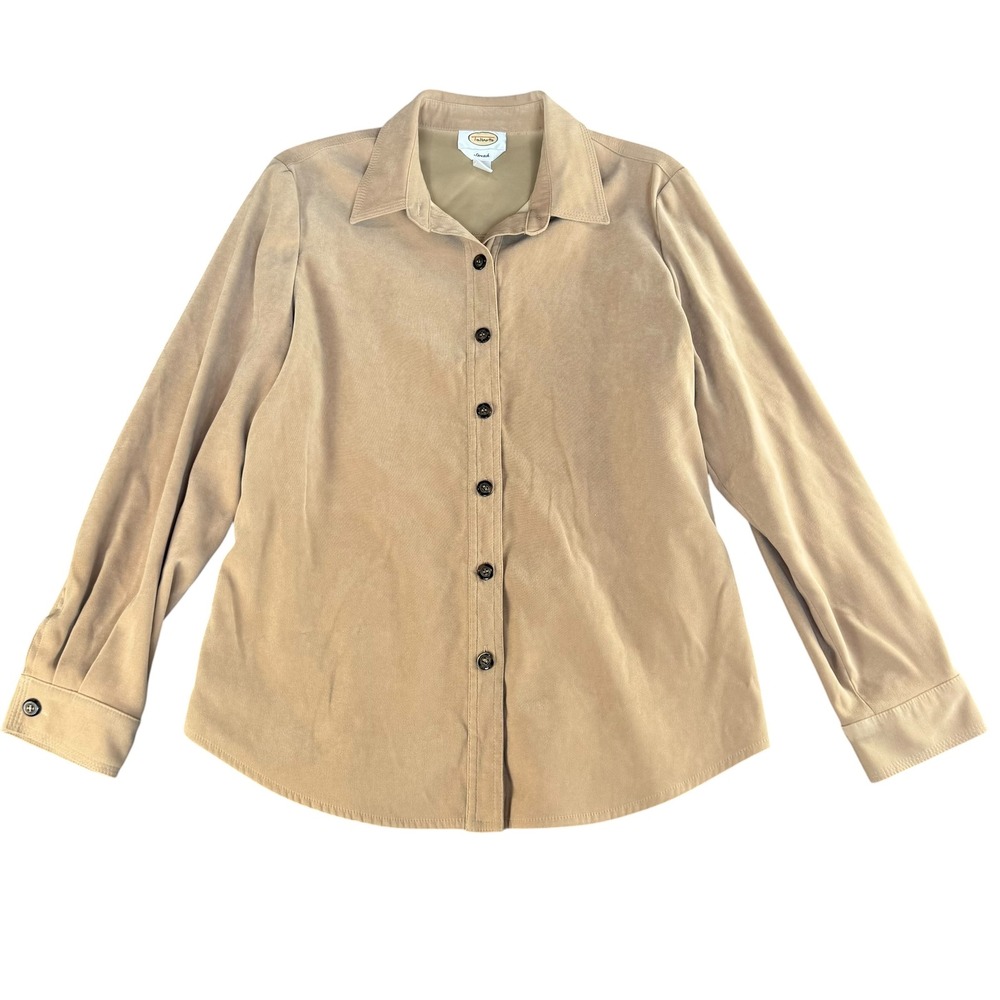 Talbots Womens Stretch Faux Suede Button Down Shirt Tan Brown Size M Long Sleeve